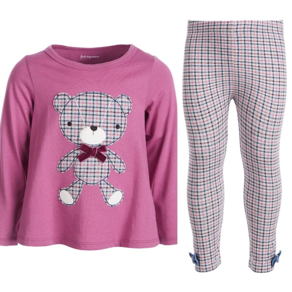 Girls Magenta Plaid Embroidery Teddy Bear Leggings & Long Sleeve Shirt Outfit 4t